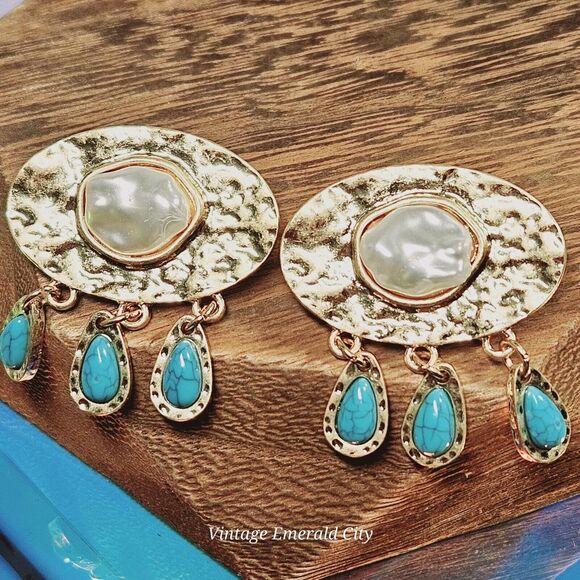 Rainy Cloud Faux Freshwater White Pearl W Blue Turquoise Rain Drops Gold Dangle - Picture 5 of 8